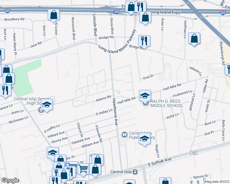 map of restaurants, bars, coffee shops, grocery stores, and more near 137 Hawthorne Avenue in Central Islip
