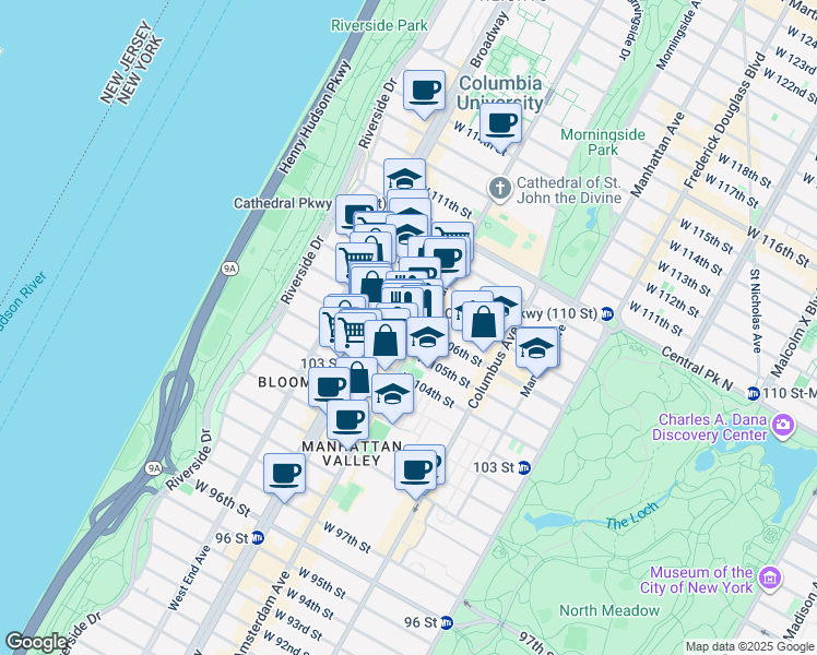 map of restaurants, bars, coffee shops, grocery stores, and more near 200 West 106th Street in New York