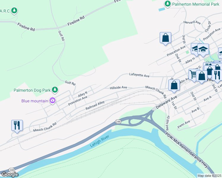 map of restaurants, bars, coffee shops, grocery stores, and more near Mauch Chunk Road in Palmerton