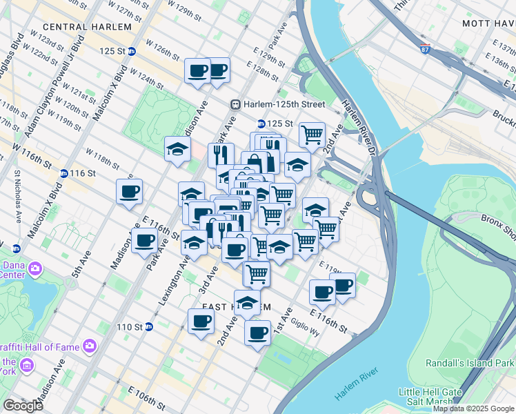map of restaurants, bars, coffee shops, grocery stores, and more near 2193 3rd Avenue in New York