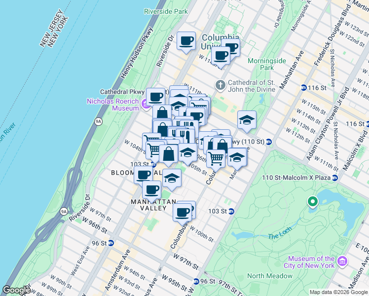map of restaurants, bars, coffee shops, grocery stores, and more near Amsterdam Ave & W 106th St in New York