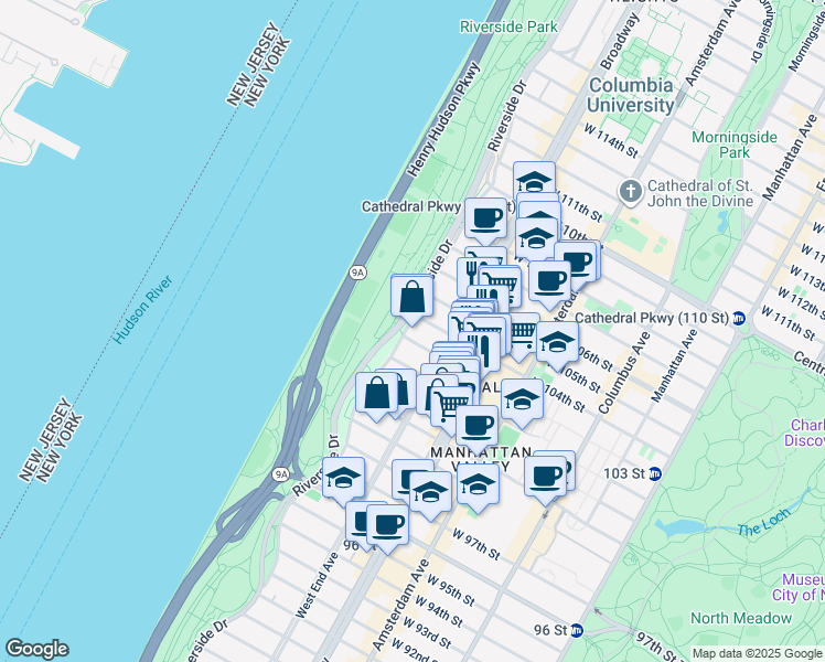 map of restaurants, bars, coffee shops, grocery stores, and more near 314 Riverside Drive in New York