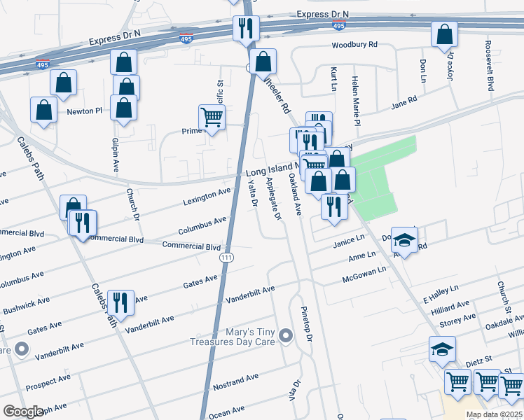 map of restaurants, bars, coffee shops, grocery stores, and more near 18 Yalta Drive in Central Islip