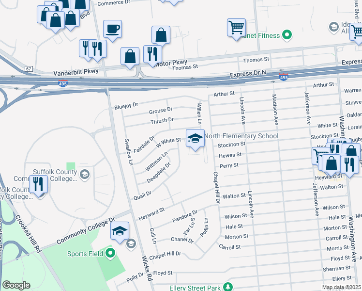 map of restaurants, bars, coffee shops, grocery stores, and more near 50 Quail Drive in Brentwood