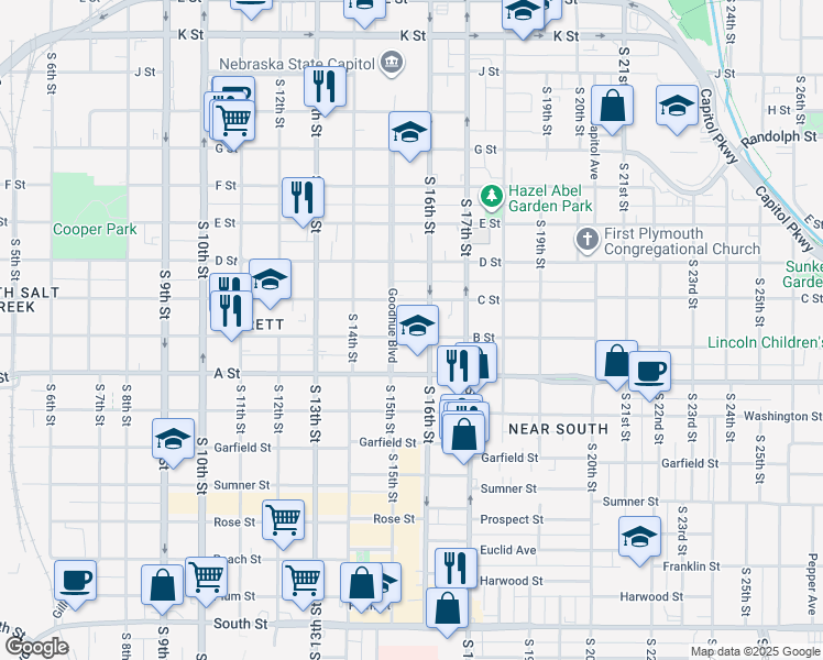 map of restaurants, bars, coffee shops, grocery stores, and more near 1526 B Street in Lincoln