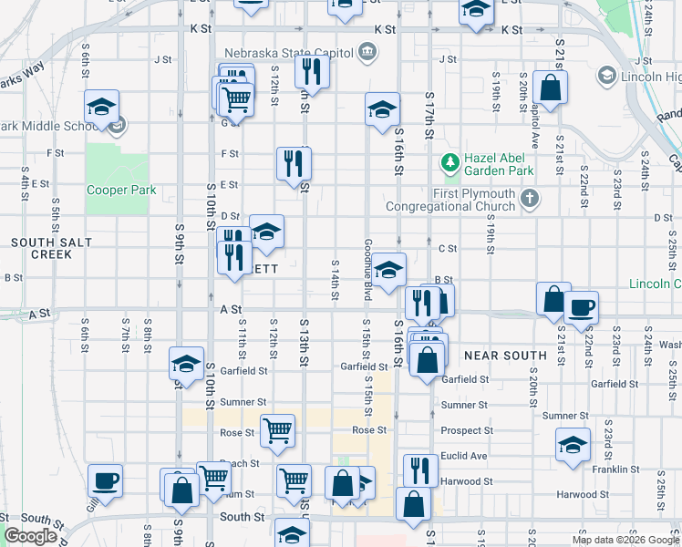 map of restaurants, bars, coffee shops, grocery stores, and more near 1427 B Street in Lincoln