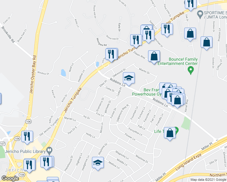 map of restaurants, bars, coffee shops, grocery stores, and more near 120 Celia Drive in Jericho