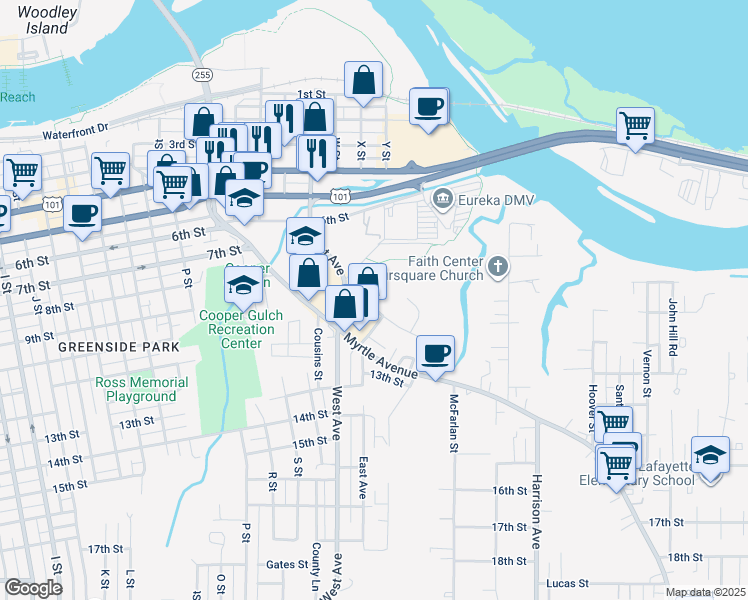 map of restaurants, bars, coffee shops, grocery stores, and more near 1131 Searles Street in Eureka