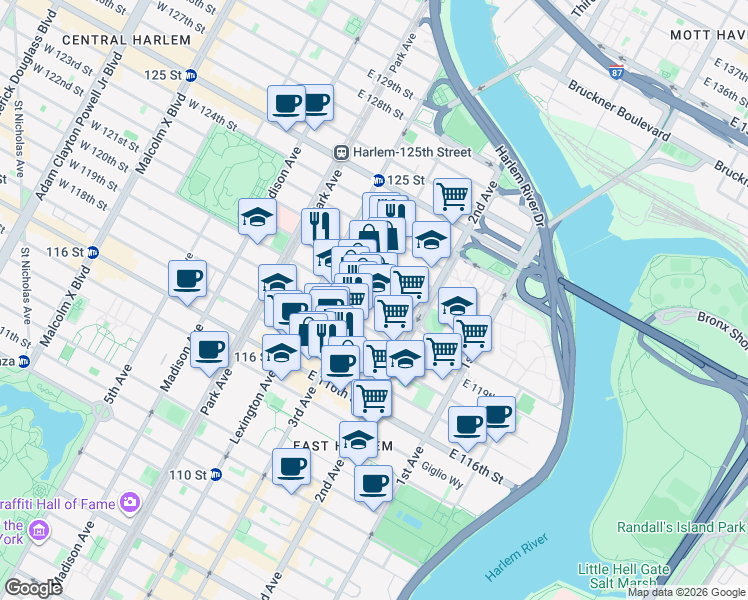 map of restaurants, bars, coffee shops, grocery stores, and more near 2193 3rd Avenue in New York
