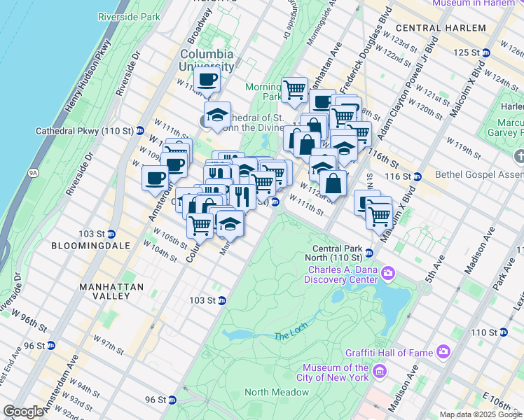 map of restaurants, bars, coffee shops, grocery stores, and more near 300 West 110th Street in New York