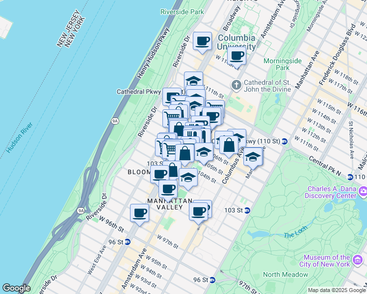 map of restaurants, bars, coffee shops, grocery stores, and more near 201 West 105th Street in New York