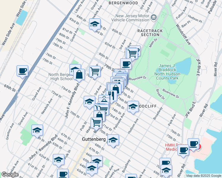 map of restaurants, bars, coffee shops, grocery stores, and more near 509 76th Street in North Bergen