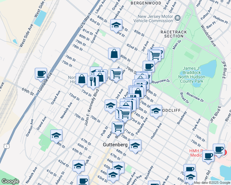 map of restaurants, bars, coffee shops, grocery stores, and more near in North Bergen