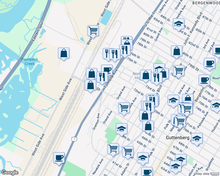 map of restaurants, bars, coffee shops, grocery stores, and more near 7015 Columbia Avenue in North Bergen