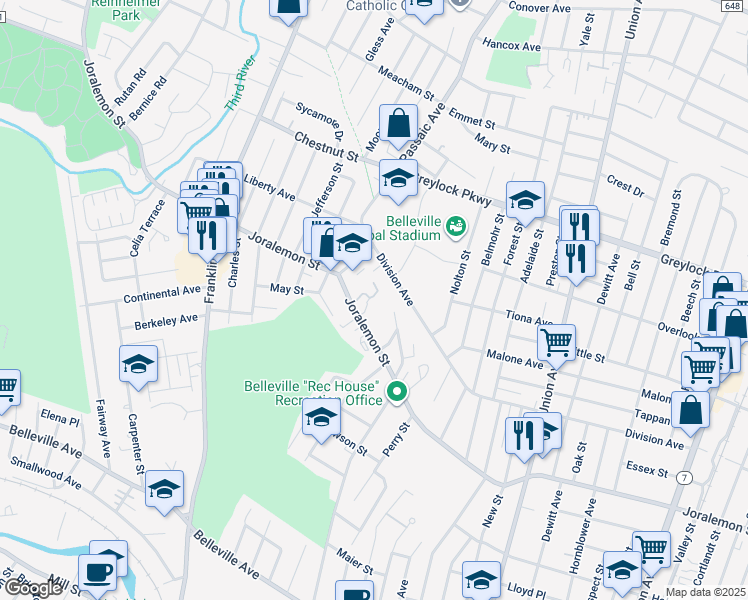 map of restaurants, bars, coffee shops, grocery stores, and more near 482 Joralemon Street in Belleville