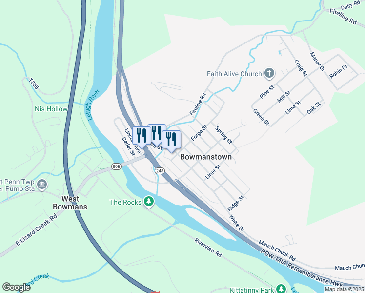 map of restaurants, bars, coffee shops, grocery stores, and more near 600 White St in Bowmanstown