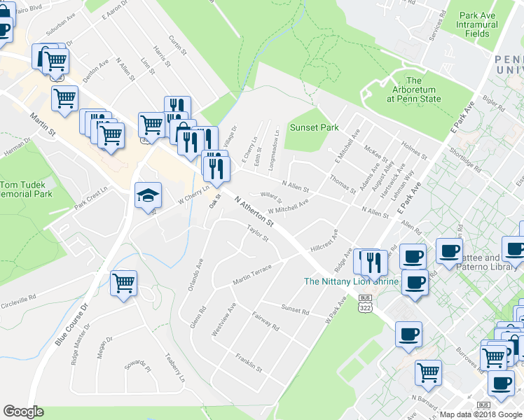 map of restaurants, bars, coffee shops, grocery stores, and more near 1009 Taylor Street in State College