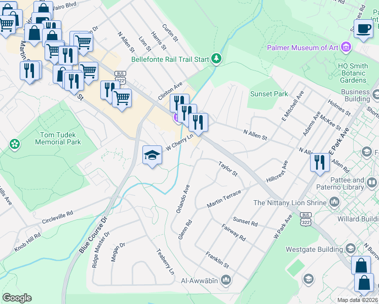 map of restaurants, bars, coffee shops, grocery stores, and more near 601-777 Oak St in State College