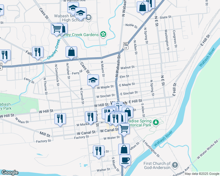 map of restaurants, bars, coffee shops, grocery stores, and more near 82 West Sinclair Street in Wabash