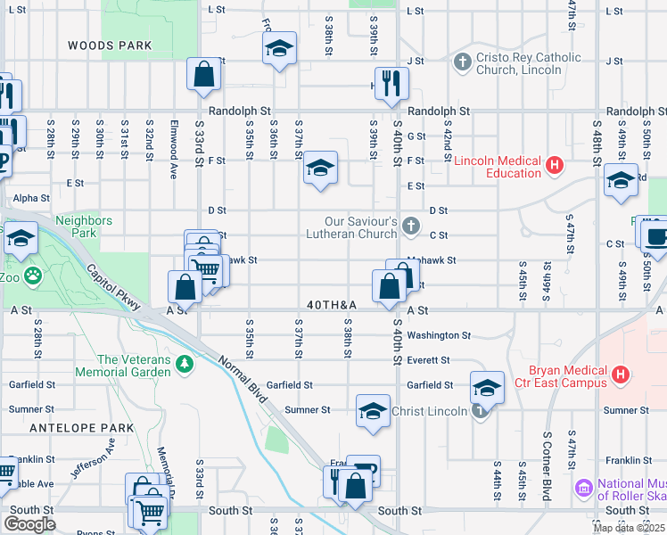 map of restaurants, bars, coffee shops, grocery stores, and more near 3780 B Street in Lincoln