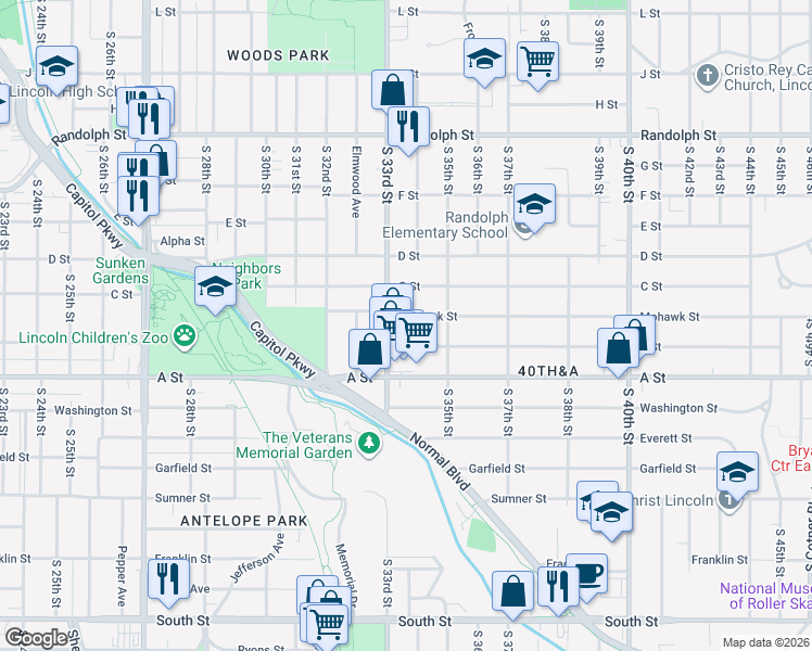 map of restaurants, bars, coffee shops, grocery stores, and more near 3334 B Street in Lincoln