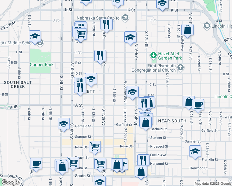 map of restaurants, bars, coffee shops, grocery stores, and more near 1427 B Street in Lincoln
