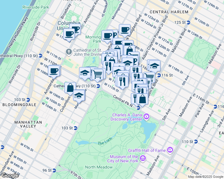 map of restaurants, bars, coffee shops, grocery stores, and more near 220 West 111th Street in New York