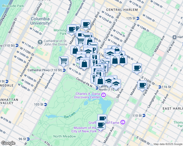 map of restaurants, bars, coffee shops, grocery stores, and more near 135 West 112th Street in New York