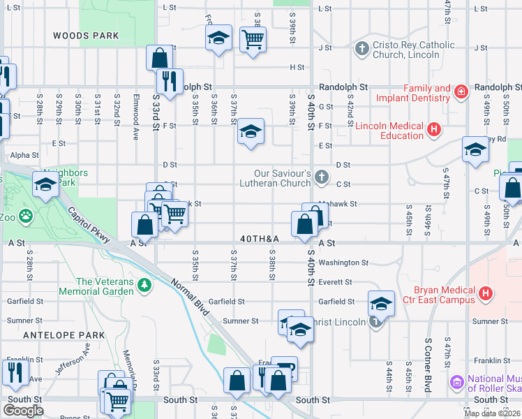 map of restaurants, bars, coffee shops, grocery stores, and more near 3780 B Street in Lincoln