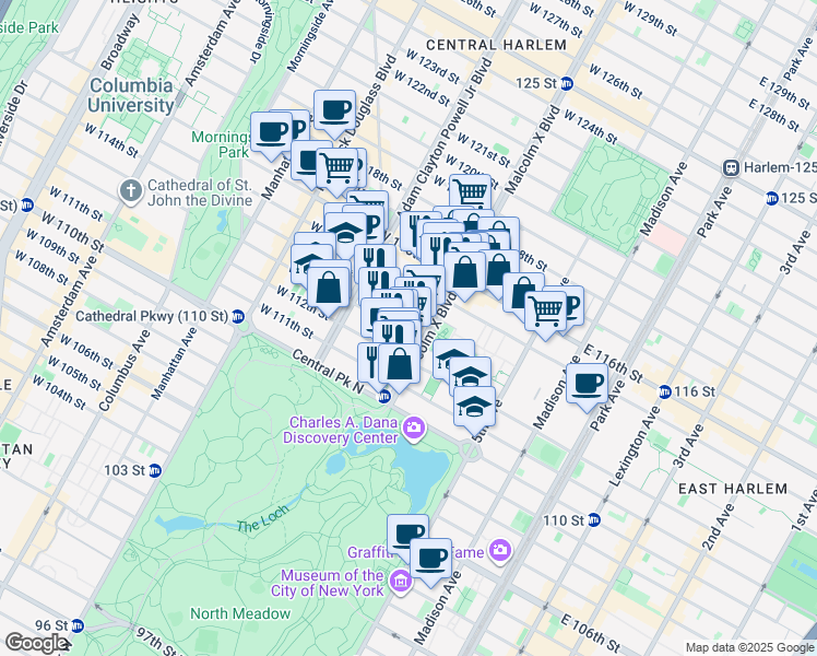 map of restaurants, bars, coffee shops, grocery stores, and more near 107 West 113th Street in New York