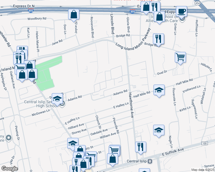 map of restaurants, bars, coffee shops, grocery stores, and more near 55 Adams Road in Central Islip