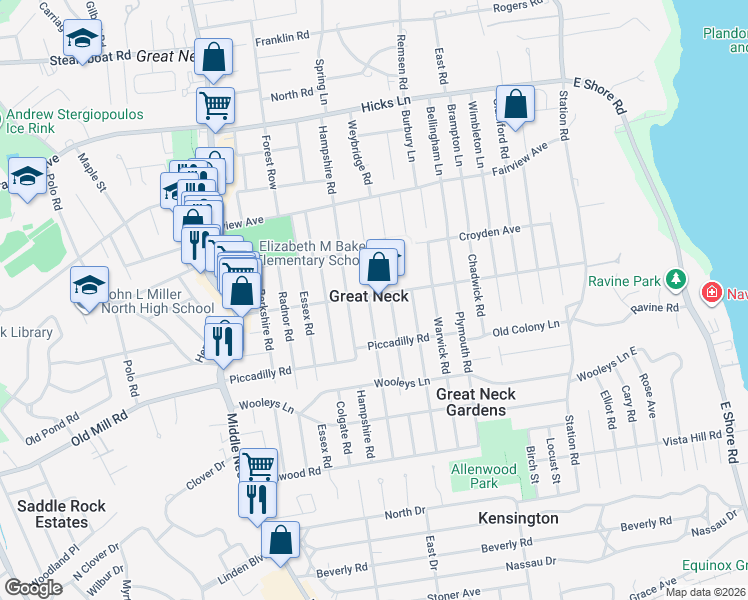 map of restaurants, bars, coffee shops, grocery stores, and more near 60 Baker Hill Road in Great Neck