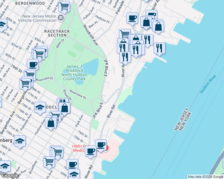 map of restaurants, bars, coffee shops, grocery stores, and more near 8401 River Road in North Bergen