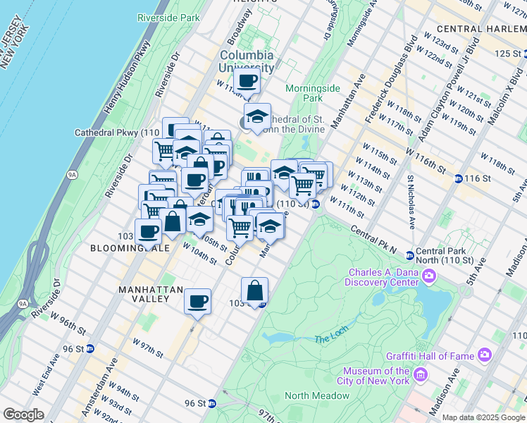 map of restaurants, bars, coffee shops, grocery stores, and more near 73 West 108th Street in New York