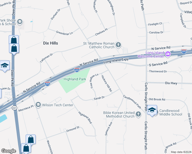 map of restaurants, bars, coffee shops, grocery stores, and more near 12 Tree Hollow Lane in Dix Hills