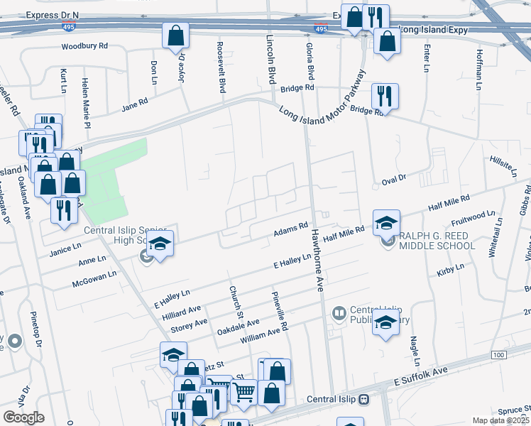 map of restaurants, bars, coffee shops, grocery stores, and more near 156 Feller Drive in Central Islip