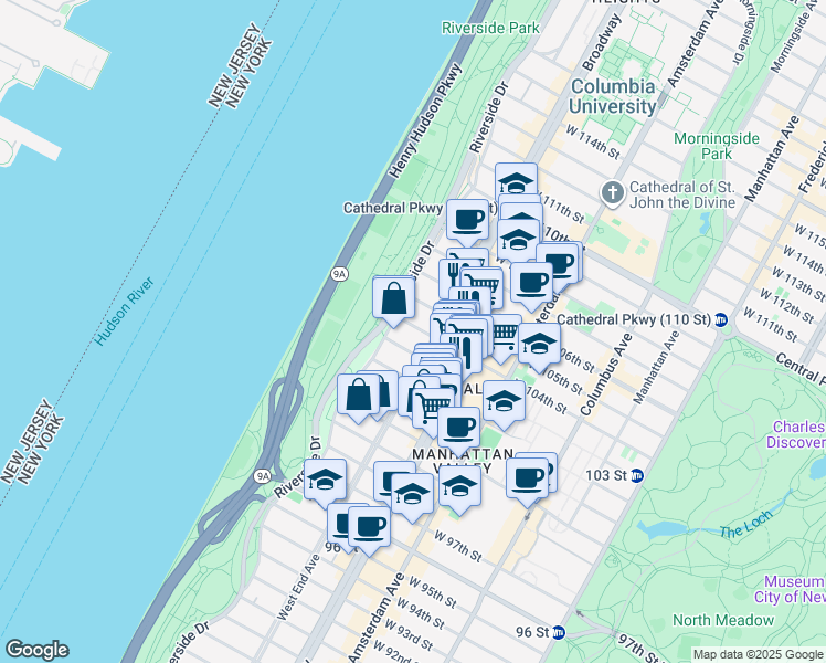 map of restaurants, bars, coffee shops, grocery stores, and more near 312 West 104th Street in New York