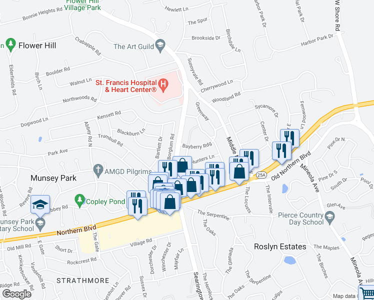 map of restaurants, bars, coffee shops, grocery stores, and more near 85 Knollwood Road West in Roslyn