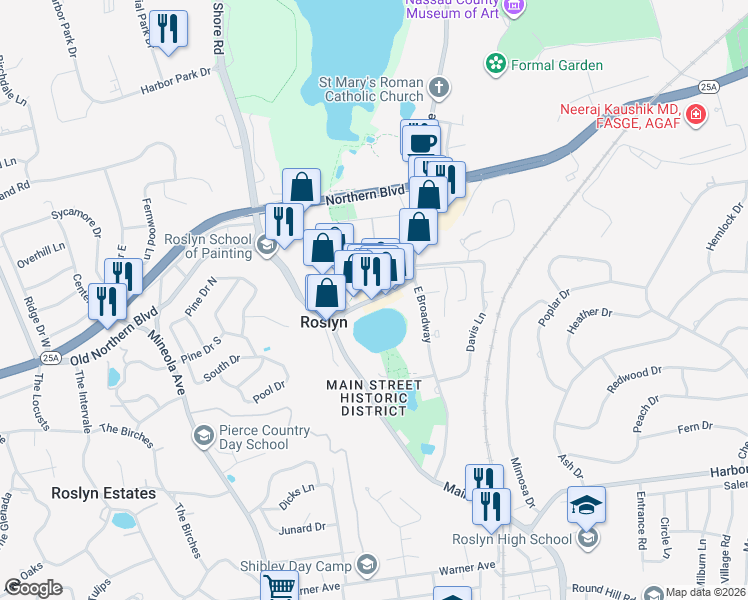 map of restaurants, bars, coffee shops, grocery stores, and more near 1356 Old Northern Boulevard in Roslyn