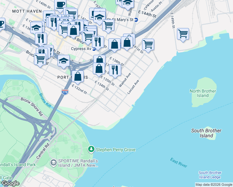 map of restaurants, bars, coffee shops, grocery stores, and more near 881 East 134th Street in Bronx