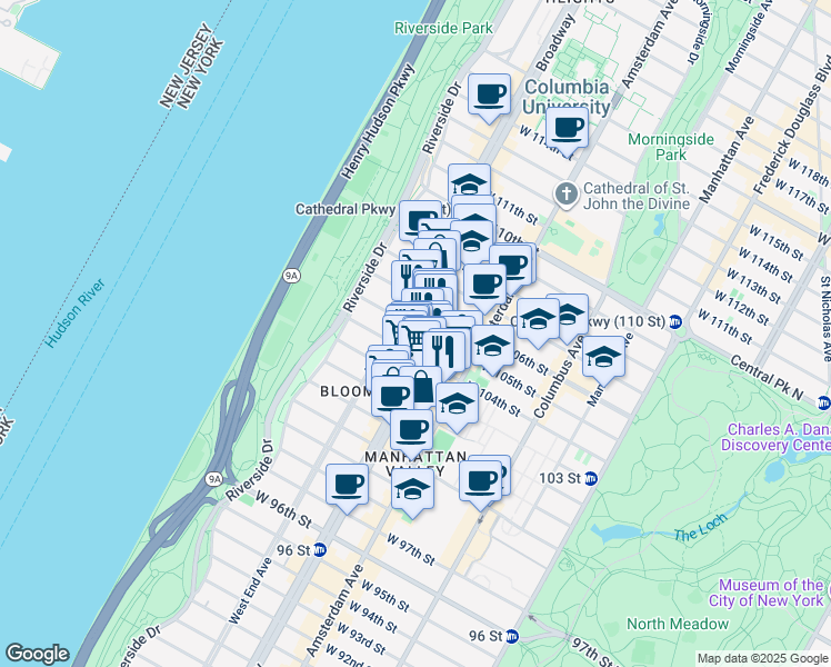 map of restaurants, bars, coffee shops, grocery stores, and more near 248 West 105th Street in New York