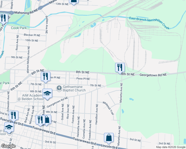 map of restaurants, bars, coffee shops, grocery stores, and more near 733 Hamilton Avenue Northeast in Canton