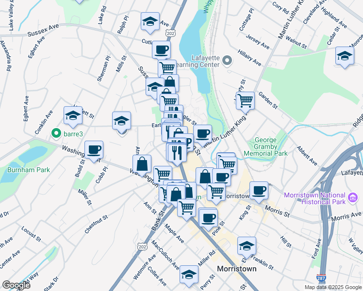 map of restaurants, bars, coffee shops, grocery stores, and more near in Morristown