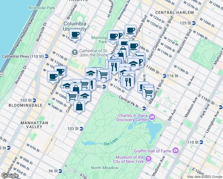 map of restaurants, bars, coffee shops, grocery stores, and more near 247 Central Park North in New York