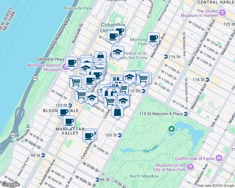 map of restaurants, bars, coffee shops, grocery stores, and more near Columbus Ave & W 108th St in New York