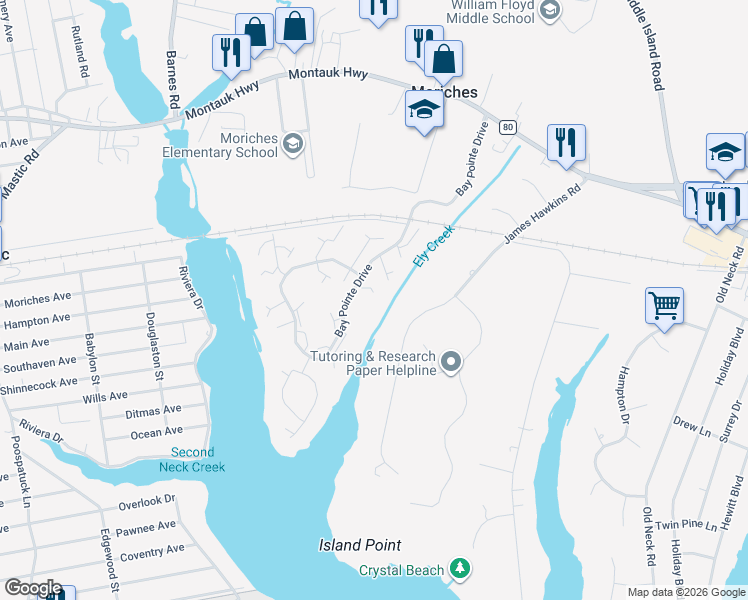 map of restaurants, bars, coffee shops, grocery stores, and more near 56 James Hawkins Road in Moriches