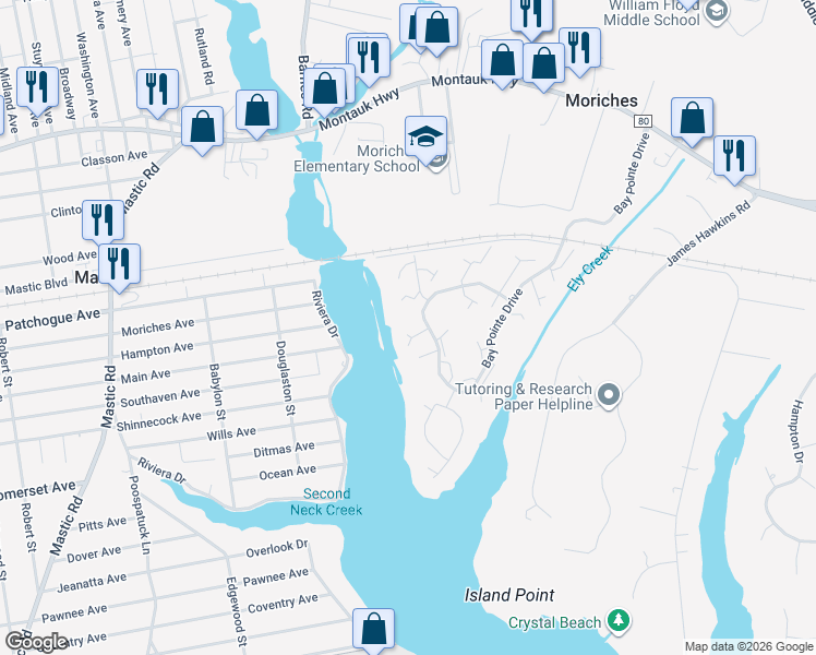 map of restaurants, bars, coffee shops, grocery stores, and more near 358 Seabreeze Court in Moriches