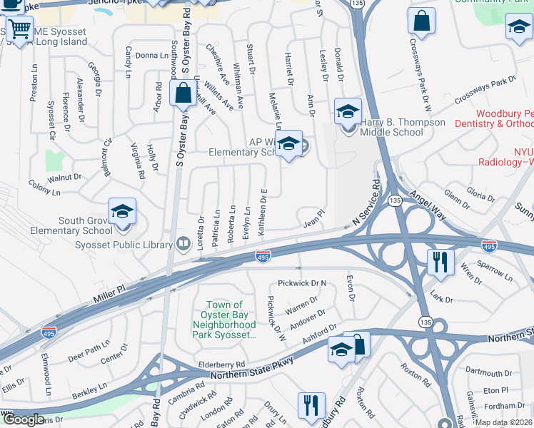 map of restaurants, bars, coffee shops, grocery stores, and more near 5 Kathleen Drive in Syosset