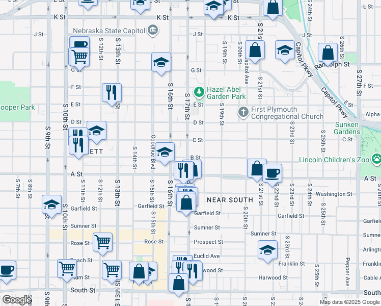 map of restaurants, bars, coffee shops, grocery stores, and more near 1700 B Street in Lincoln