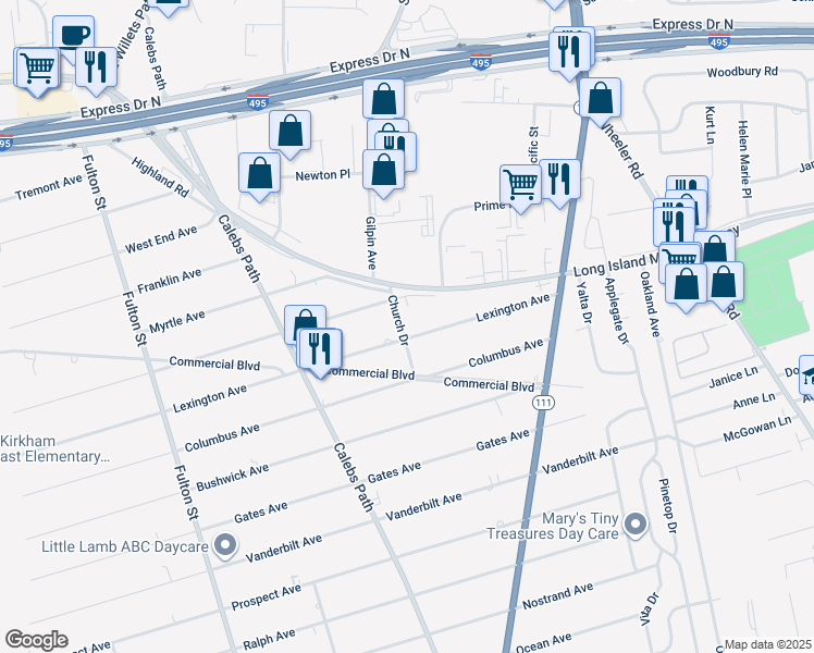 map of restaurants, bars, coffee shops, grocery stores, and more near 74 Lexington Avenue in Central Islip